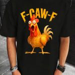 Men'S Funny Rooster & F-CAW-F Text Print T-Shirt - Black with Orange Rooster Graphic, Breathable Short Sleeve Round Neck Casual Summer Tee for Parties, Outfits, Themed Events, Everyday Tshirt | Playful Design | Comfortable Fit, Rooster Shirt