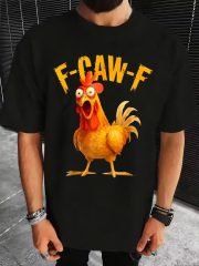 Men'S Funny Rooster & F-CAW-F Text Print T-Shirt - Black with Orange Rooster Graphic, Breathable Short Sleeve Round Neck Casual Summer Tee for Parties, Outfits, Themed Events, Everyday Tshirt | Playful Design | Comfortable Fit, Rooster Shirt