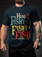 [3D Print Fishing Tee] Men's 3D Print T-Shirt "Here Fishy Fishy" | Casual Summer Tee with Fishing Gear Design, Comfortable Round Neck Short Sleeve, Perfect Gift for Fishing Enthusiasts