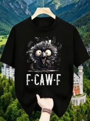 Men'S Funny Cartoon Crow Print T-Shirt "F-CAW-F" Text Meme Casual Short Sleeve Top, Black with White Graphic, Round Neck, Lightweight & Breathable for Summer, Everyday Tshirt | Playful Graphic Tee | Comfortable Fit