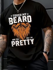 "Touch my beard and tell me I'm handsome" skull print T-shirt - soft, Men's crew neck short sleeve - casual streetwear with a bold orange and white print, suitable for all seasons, all-season clothing | bold skull print | comfortable fit - Image 6