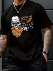 "Touch my beard and tell me I'm handsome" skull print T-shirt - soft, Men's crew neck short sleeve - casual streetwear with a bold orange and white print, suitable for all seasons, all-season clothing | bold skull print | comfortable fit - Image 4