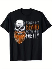 "Touch my beard and tell me I'm handsome" skull print T-shirt - soft, Men's crew neck short sleeve - casual streetwear with a bold orange and white print, suitable for all seasons, all-season clothing | bold skull print | comfortable fit - Image 3