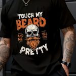 "Touch my beard and tell me I'm handsome" skull print T-shirt - soft, Men's crew neck short sleeve - casual streetwear with a bold orange and white print, suitable for all seasons, all-season clothing | bold skull print | comfortable fit