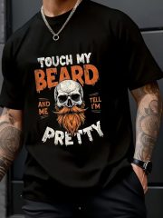 "Touch my beard and tell me I'm handsome" skull print T-shirt - soft, Men's crew neck short sleeve - casual streetwear with a bold orange and white print, suitable for all seasons, all-season clothing | bold skull print | comfortable fit