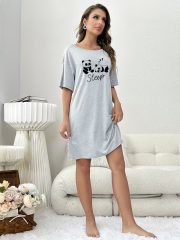 Women'S Cute Cartoon Panda Print Sleep Dress - Comfortable Short Sleeve Crew Neck Nightgown, Light Gray, "SLEEP" Graphic, Lounge Wear for All Seasons, Panda Gifts - Image 5