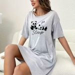 Women'S Cute Cartoon Panda Print Sleep Dress - Comfortable Short Sleeve Crew Neck Nightgown, Light Gray, "SLEEP" Graphic, Lounge Wear for All Seasons, Panda Gifts