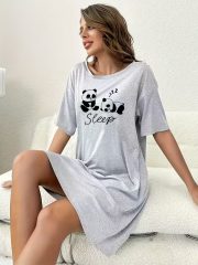 Women'S Cute Cartoon Panda Print Sleep Dress - Comfortable Short Sleeve Crew Neck Nightgown, Light Gray, "SLEEP" Graphic, Lounge Wear for All Seasons, Panda Gifts