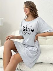 Women'S Cute Cartoon Panda Print Sleep Dress - Comfortable Short Sleeve Crew Neck Nightgown, Light Gray, "SLEEP" Graphic, Lounge Wear for All Seasons, Panda Gifts - Image 2
