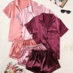 [Multi-Piece Pajama Set] Summer Women's Solid Color Satin Multi-Piece Set with Collared Shirt and Shorts Pajama Outfit. Comfortable Button Short Sleeve Top and Comfortable Shorts Pajama Set