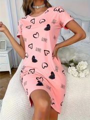 Women's Pink Heart Print Nightgown - Short Sleeve Round Neck Sleep Dress with Black & White Heart Pattern (Love Lettering), 95% Polyester/5% Elastane, All-Season Pajama Dress for s, Machine Washable Pajamas for -Like Style, Nighties For Women, Nightdresses For Women, Night Dress For Women, Night Wear For Women, Nighty For Women, Nightgowns For Women, Nightdress Women Plus Size, Pyjamas For Women, Plus Size Pyjamas For Women, Night Gown For Women, Nightwear For Women, Night - Image 5