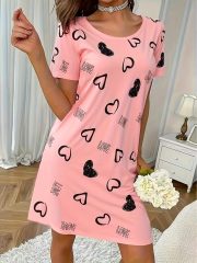 Women's Pink Heart Print Nightgown - Short Sleeve Round Neck Sleep Dress with Black & White Heart Pattern (Love Lettering), 95% Polyester/5% Elastane, All-Season Pajama Dress for s, Machine Washable Pajamas for -Like Style, Nighties For Women, Nightdresses For Women, Night Dress For Women, Night Wear For Women, Nighty For Women, Nightgowns For Women, Nightdress Women Plus Size, Pyjamas For Women, Plus Size Pyjamas For Women, Night Gown For Women, Nightwear For Women, Night - Image 4
