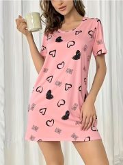 Women's Pink Heart Print Nightgown - Short Sleeve Round Neck Sleep Dress with Black & White Heart Pattern (Love Lettering), 95% Polyester/5% Elastane, All-Season Pajama Dress for s, Machine Washable Pajamas for -Like Style, Nighties For Women, Nightdresses For Women, Night Dress For Women, Night Wear For Women, Nighty For Women, Nightgowns For Women, Nightdress Women Plus Size, Pyjamas For Women, Plus Size Pyjamas For Women, Night Gown For Women, Nightwear For Women, Night - Image 3