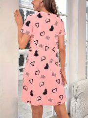 Women's Pink Heart Print Nightgown - Short Sleeve Round Neck Sleep Dress with Black & White Heart Pattern (Love Lettering), 95% Polyester/5% Elastane, All-Season Pajama Dress for s, Machine Washable Pajamas for -Like Style, Nighties For Women, Nightdresses For Women, Night Dress For Women, Night Wear For Women, Nighty For Women, Nightgowns For Women, Nightdress Women Plus Size, Pyjamas For Women, Plus Size Pyjamas For Women, Night Gown For Women, Nightwear For Women, Night - Image 2