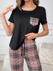 [Casual Pajamas] Soft Women's Plaid Pajamas Set | Short Sleeve Long Pants with Pocket, Spring/Summer/Autumn/Winter Home Wear - Image 5