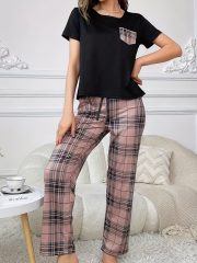 [Casual Pajamas] Soft Women's Plaid Pajamas Set | Short Sleeve Long Pants with Pocket, Spring/Summer/Autumn/Winter Home Wear - Image 4