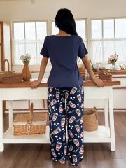 [Casual Playful Print Fabric] Women's Cozy Blue Pajama Set - Soft Short Sleeve Top & Pants, Coffee & Letter Print, Relaxed Fit for Home - Image 7