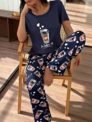 [Casual Playful Print Fabric] Women's Cozy Blue Pajama Set - Soft Short Sleeve Top & Pants, Coffee & Letter Print, Relaxed Fit for Home - Image 6