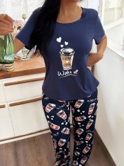 [Casual Playful Print Fabric] Women's Cozy Blue Pajama Set - Soft Short Sleeve Top & Pants, Coffee & Letter Print, Relaxed Fit for Home - Image 5
