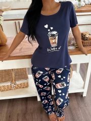 [Casual Playful Print Fabric] Women's Cozy Blue Pajama Set - Soft Short Sleeve Top & Pants, Coffee & Letter Print, Relaxed Fit for Home - Image 4