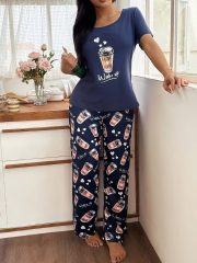 [Casual Playful Print Fabric] Women's Cozy Blue Pajama Set - Soft Short Sleeve Top & Pants, Coffee & Letter Print, Relaxed Fit for Home - Image 3