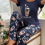 [Casual Playful Print Fabric] Women's Cozy Blue Pajama Set - Soft Short Sleeve Top & Pants, Coffee & Letter Print, Relaxed Fit for Home