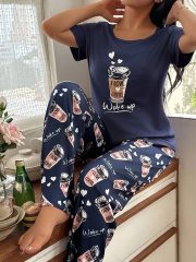 [Casual Playful Print Fabric] Women's Cozy Blue Pajama Set - Soft Short Sleeve Top & Pants, Coffee & Letter Print, Relaxed Fit for Home