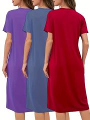3-Pack Women's Queen Crown & 'Queen' Letter Print Nightgowns - Long Sleeve-like Round Neck Sleep Dresses with Short Sleeves, Machine Washable Pajamas in Pink, Blue, Red (Casual All-Season Robes for s) - Image 6