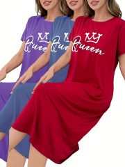 3-Pack Women's Queen Crown & 'Queen' Letter Print Nightgowns - Long Sleeve-like Round Neck Sleep Dresses with Short Sleeves, Machine Washable Pajamas in Pink, Blue, Red (Casual All-Season Robes for s) - Image 5