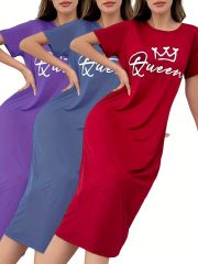 3-Pack Women's Queen Crown & 'Queen' Letter Print Nightgowns - Long Sleeve-like Round Neck Sleep Dresses with Short Sleeves, Machine Washable Pajamas in Pink, Blue, Red (Casual All-Season Robes for s) - Image 4