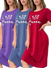 3-Pack Women's Queen Crown & 'Queen' Letter Print Nightgowns - Long Sleeve-like Round Neck Sleep Dresses with Short Sleeves, Machine Washable Pajamas in Pink, Blue, Red (Casual All-Season Robes for s) - Image 3