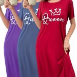 3-Pack Women's Queen Crown & 'Queen' Letter Print Nightgowns - Long Sleeve-like Round Neck Sleep Dresses with Short Sleeves, Machine Washable Pajamas in Pink, Blue, Red (Casual All-Season Robes for s)