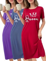 3-Pack Women's Queen Crown & 'Queen' Letter Print Nightgowns - Long Sleeve-like Round Neck Sleep Dresses with Short Sleeves, Machine Washable Pajamas in Pink, Blue, Red (Casual All-Season Robes for s)
