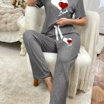 [Soft Double Love Pajama Set] Women's Casual Comfortable Soft Double Love Print Short Sleeve Round Neck T-shirt and Pants Pajama Two-Piece Set | Leisure Suit | Home Clothes