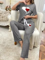 [Soft Double Love Pajama Set] Women's Casual Comfortable Soft Double Love Print Short Sleeve Round Neck T-shirt and Pants Pajama Two-Piece Set | Leisure Suit | Home Clothes