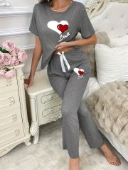 [Soft Double Love Pajama Set] Women's Casual Comfortable Soft Double Love Print Short Sleeve Round Neck T-shirt and Pants Pajama Two-Piece Set | Leisure Suit | Home Clothes - Image 5