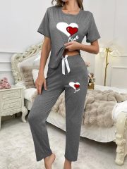 [Soft Double Love Pajama Set] Women's Casual Comfortable Soft Double Love Print Short Sleeve Round Neck T-shirt and Pants Pajama Two-Piece Set | Leisure Suit | Home Clothes - Image 4
