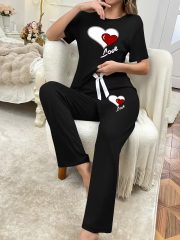 [Soft Double Love Pajama Set] Women's Casual Comfortable Soft Double Love Print Short Sleeve Round Neck T-shirt and Pants Pajama Two-Piece Set | Leisure Suit | Home Clothes - Image 3