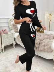 [Soft Double Love Pajama Set] Women's Casual Comfortable Soft Double Love Print Short Sleeve Round Neck T-shirt and Pants Pajama Two-Piece Set | Leisure Suit | Home Clothes - Image 2