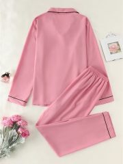 Women'S Elegant Pink Satin Pajama Set - Long Sleeve Button-Front Cardigan & Matching Pants, Soft & Comfortable All-Season Loungewear with Ruffled Collar & Cuffs, Cozy Home Wear, Comfortable Loungewear | Elegant Pajama Set | Soft Satin Fabric - Image 10