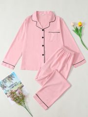 Women'S Elegant Pink Satin Pajama Set - Long Sleeve Button-Front Cardigan & Matching Pants, Soft & Comfortable All-Season Loungewear with Ruffled Collar & Cuffs, Cozy Home Wear, Comfortable Loungewear | Elegant Pajama Set | Soft Satin Fabric - Image 9