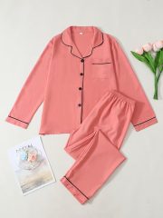 Women'S Elegant Pink Satin Pajama Set - Long Sleeve Button-Front Cardigan & Matching Pants, Soft & Comfortable All-Season Loungewear with Ruffled Collar & Cuffs, Cozy Home Wear, Comfortable Loungewear | Elegant Pajama Set | Soft Satin Fabric - Image 8