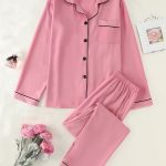 Women'S Elegant Pink Satin Pajama Set - Long Sleeve Button-Front Cardigan & Matching Pants, Soft & Comfortable All-Season Loungewear with Ruffled Collar & Cuffs, Cozy Home Wear, Comfortable Loungewear | Elegant Pajama Set | Soft Satin Fabric