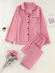 Women'S Elegant Pink Satin Pajama Set - Long Sleeve Button-Front Cardigan & Matching Pants, Soft & Comfortable All-Season Loungewear with Ruffled Collar & Cuffs, Cozy Home Wear, Comfortable Loungewear | Elegant Pajama Set | Soft Satin Fabric