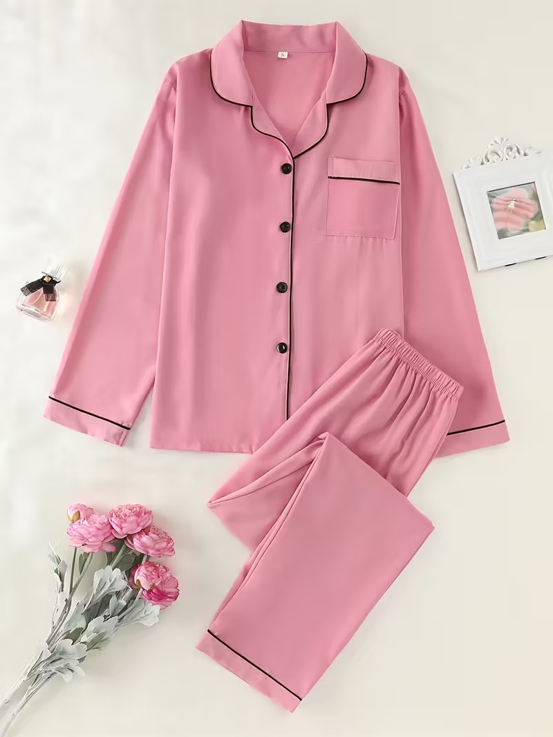 NvJj7 (12) Women'S Elegant Pink Satin Pajama Set - Long Sleeve Button-Front Cardigan & Matching Pants, Soft & Comfortable All-Season Loungewear with Ruffled Collar & Cuffs, Cozy Home Wear, Comfortable Loungewear | Elegant Pajama Set | Soft Satin Fabric - Image 1