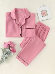 Women'S Elegant Pink Satin Pajama Set - Long Sleeve Button-Front Cardigan & Matching Pants, Soft & Comfortable All-Season Loungewear with Ruffled Collar & Cuffs, Cozy Home Wear, Comfortable Loungewear | Elegant Pajama Set | Soft Satin Fabric - Image 6