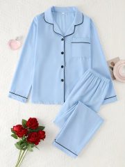 Women'S Elegant Pink Satin Pajama Set - Long Sleeve Button-Front Cardigan & Matching Pants, Soft & Comfortable All-Season Loungewear with Ruffled Collar & Cuffs, Cozy Home Wear, Comfortable Loungewear | Elegant Pajama Set | Soft Satin Fabric - Image 5