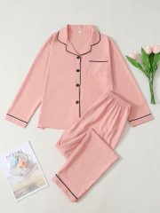 Women'S Elegant Pink Satin Pajama Set - Long Sleeve Button-Front Cardigan & Matching Pants, Soft & Comfortable All-Season Loungewear with Ruffled Collar & Cuffs, Cozy Home Wear, Comfortable Loungewear | Elegant Pajama Set | Soft Satin Fabric - Image 4
