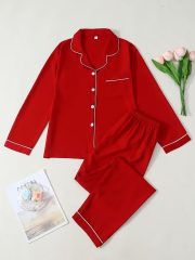 Women'S Elegant Pink Satin Pajama Set - Long Sleeve Button-Front Cardigan & Matching Pants, Soft & Comfortable All-Season Loungewear with Ruffled Collar & Cuffs, Cozy Home Wear, Comfortable Loungewear | Elegant Pajama Set | Soft Satin Fabric - Image 3