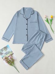 Women'S Elegant Pink Satin Pajama Set - Long Sleeve Button-Front Cardigan & Matching Pants, Soft & Comfortable All-Season Loungewear with Ruffled Collar & Cuffs, Cozy Home Wear, Comfortable Loungewear | Elegant Pajama Set | Soft Satin Fabric - Image 2